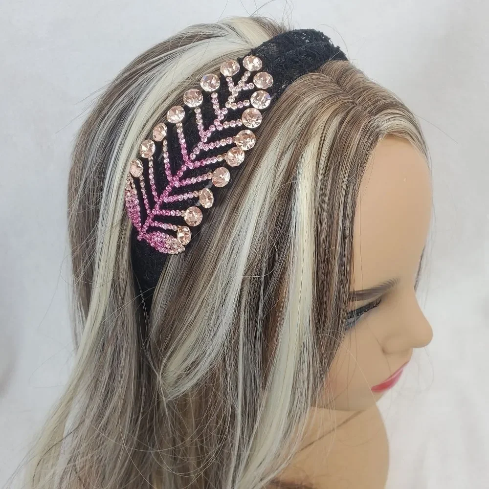 Champagne Pink Crystals Leaf Black Lace Hairband